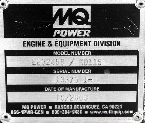 Used MQ Power 115kW standby (104kW prime) diesel generator set. MQ model KD115. Volvo engine model TD 720 GE, SN-5300669869. Generator model 363PSI1607, SN- LM-379211-1202, 3/60/120/208/277-480V, vol...
