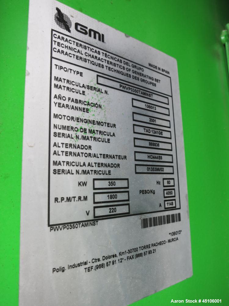 Used GMI/Volvo 350 kW standby portable diesel generator set, SN-1061013. Volvo Penta TAD 1241 GE engine rated 526 hp at 1800 RPM SN-868836. Stamford Newage alternator model 01161859, SN-0135396/02.  ...