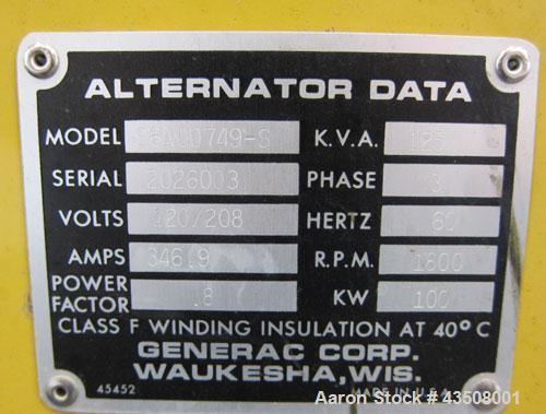 Used Cat / Olympian 100 kW propane fueled generator set, model 96A0749S, SN-2026003. GM 7.4L engine. 3/60/120/208V. (2) 150 Amp main-line circuit breakers. Battery charger. Coolant heater. 42.7 hours...