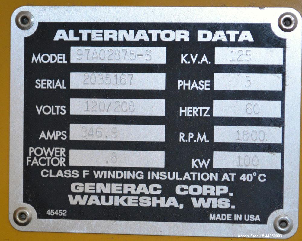 Used CAT / Olympian 100 kW natural gas generator set, model 97A02875-S, SN-2035167. Generac 7.4 L engine. 3/60/120/208V, 12 lead reconnectable to other voltages. 400 Amp main-line circuit breaker. We...