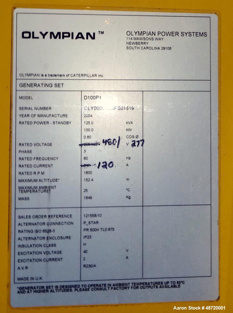 Used Caterpillar / Olympian 100 kW Standby Diesel Generator Set, Model D100P1.