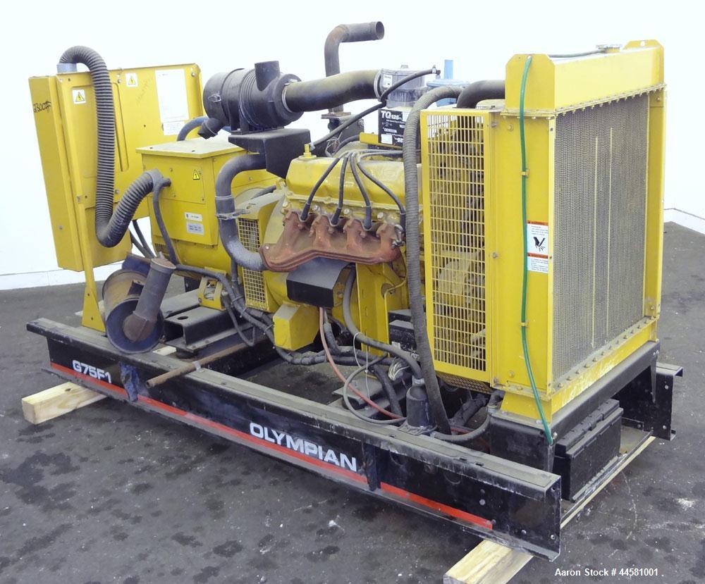 Used CAT / Olympian 70 kW natural gas generator set. Model G75F1, SN-F1729H/001. 3/60/120/208V reconnectable to other voltages. 250 Amp main-line circuit breaker. Muffler ships loose. 25 hrs. Year 20...