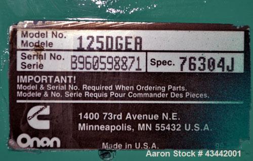 Used Cummins Onan 125 kW diesel generator set.Cummins model 125DGEA SN0B960598871.Cummins 6CT8.3-G engine rated 207 HP at 1800 RPM SN-45310956. 3/60/277/480V. 225 Amp main-line circuit breaker. Weath...