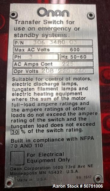 Used Onan Natural 55 KW Gas Generator. Model 55SKBL291838