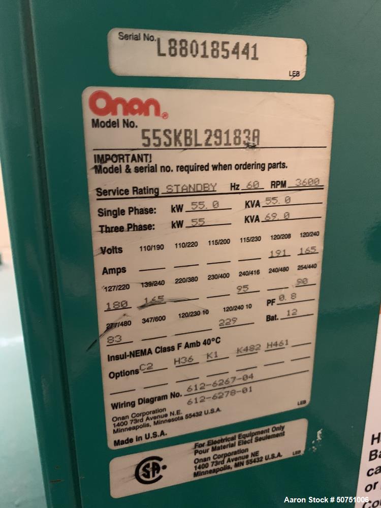 Used Onan Natural 55 KW Gas Generator. Model 55SKBL291838