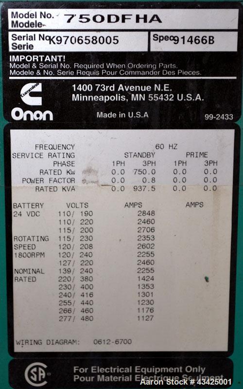 Used Cummins 750 kW standby / 680 kW prime diesel generator set.. Cummins model 750DFHA SN-K970658005. Cummins QST30-G2 engine rated 1200 HP at 1800 RPM SN-37178092. 3/60/277-480V. PowerCommand digit...