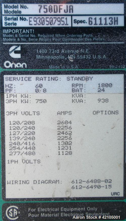 Used Cummins Onan 750 kW Standby Diesel Genset, Model 750DFJA. Cummins model KTA38-G1 engine rated 1135 HP @ 1800 RPM. Engine SN-33124087. 3/60/277/480V, 2500 Amp main-line circuit breaker. Block hea...