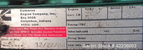 Used Cummins / Onan 80 kW standby diesel generator set, rated 58kW as single phase. Set model number 80DGDAL30481M, SN-A890201023,Cummins enginemodel 3597 SN-44324308 rated 135HP @ 1800RPM. gen 1/60/...