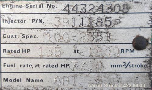 Used Cummins / Onan 80 kW standby diesel generator set, rated 58kW as single phase. Set model number 80DGDAL30481M, SN-A890201023,Cummins enginemodel 3597 SN-44324308 rated 135HP @ 1800RPM. gen 1/60/...