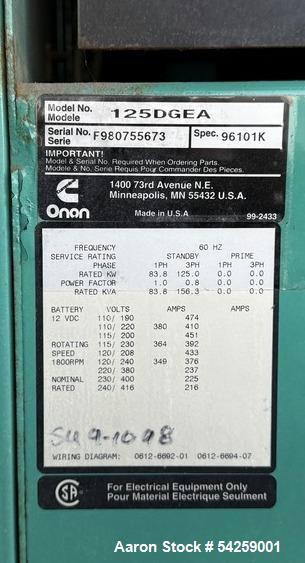 For Sale: 125 kW Cummins Diesel Generator w/ Enclosure – 889 Hours