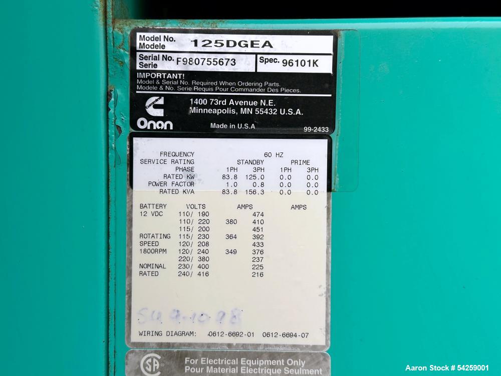 For Sale: 125 kW Cummins Diesel Generator w/ Enclosure – 889 Hours
