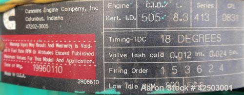 Used Cummins / Onan 175 KW standby / 160 KW prime diesel generator set, model DGFB, serial #A960596178. Cummins 6CTA8.3-G2 engine, serial #45291041, rated 277 hp @ 1800 rpm, turbocharged and aftercoo...
