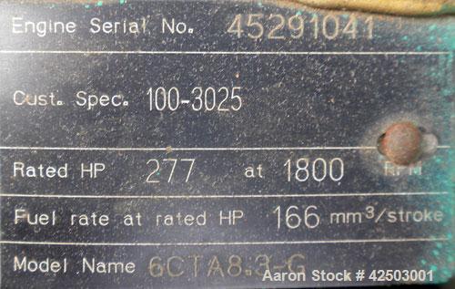 Used Cummins / Onan 175 KW standby / 160 KW prime diesel generator set, model DGFB, serial #A960596178. Cummins 6CTA8.3-G2 engine, serial #45291041, rated 277 hp @ 1800 rpm, turbocharged and aftercoo...