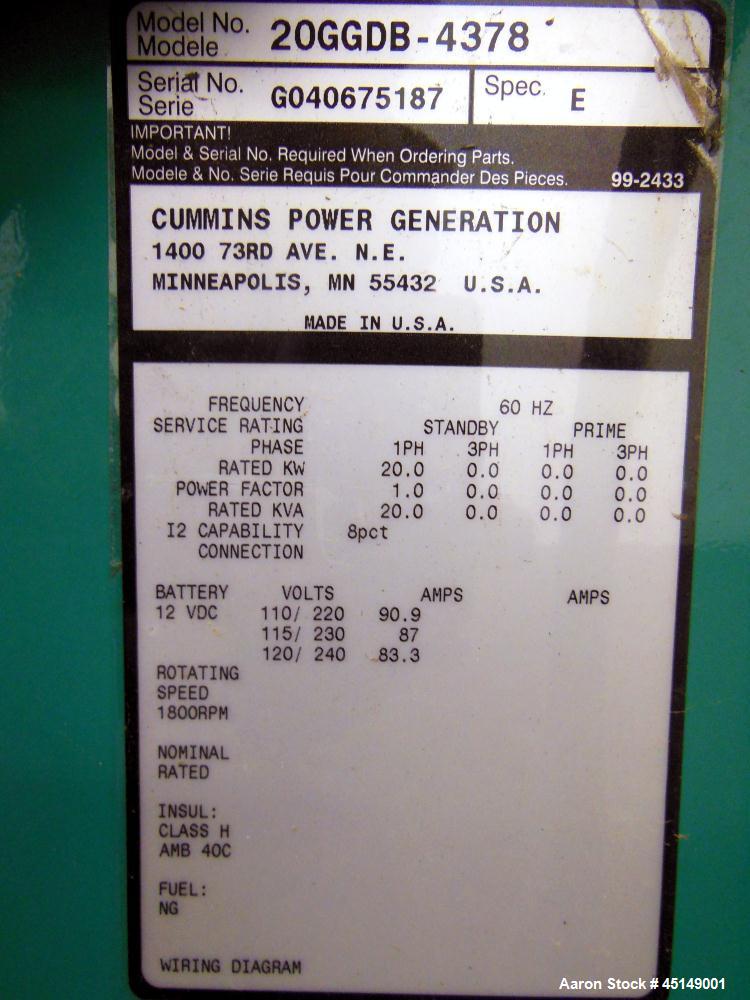 Used Cummins Onan 20kW RS 20000 natural gas generator set, model 20GGDB-4378, SN-G040675187. Ford LRG425 engine, SN-1309583. 1/60/240V. Weather enclosure. 135 hours. Yr 2004. Passed load test 6/27/13