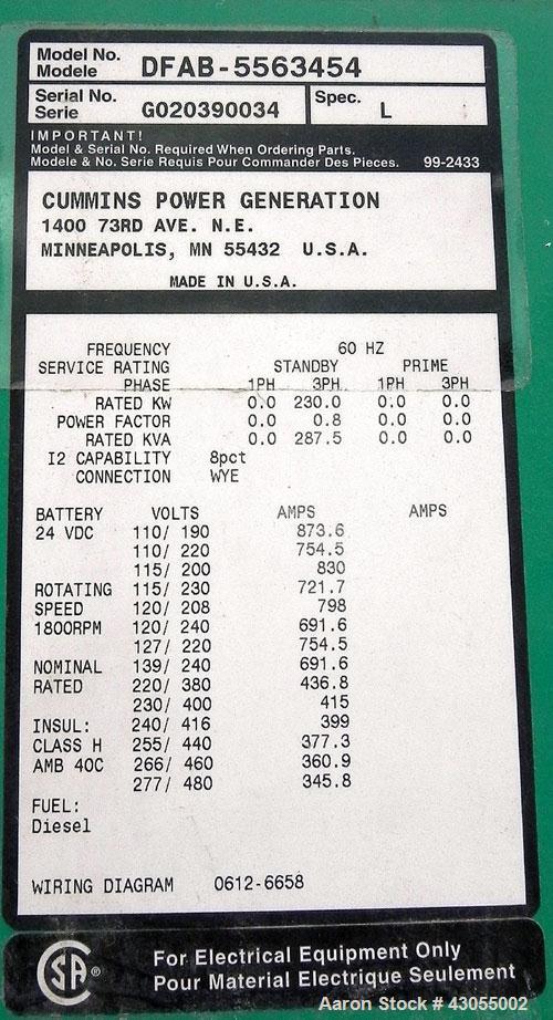 Used- Cummins 230 kW standby (210 kW prime) diesel generator set, model DFAB-5563454, serial #G020390034. Cummins LTA10-G1 r...