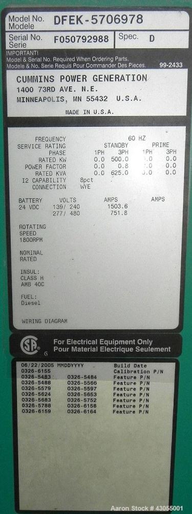 Used Cummins 500 kW standby (455kW prime) diesel generator set, model DFEK-5706978D SN-F050792988. Cummins QSX-15-G9 rated 755 hp @ 1800 rpm, EPA Tier II certified. 3/60/277-480V with PMG. (2) Circui...