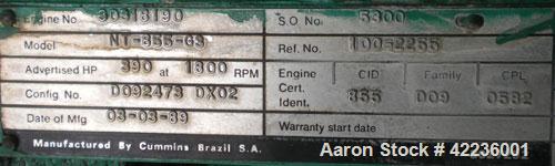 Used Cummins / Onan 250kW standby diesel generator set. Generator set model 250DFM L28920N, SN-E890238107. Cummins NT-855-G3 engine, SN-30318190, rated 390 HP @ 1800 RPM. Generator 3/60/277/480V mode...