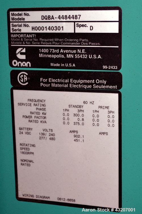 Used Cummins / Onan 300kW diesel generator set. Cummins model DQBA-4484487. Cummins N14-G2 smart power engine rated 535 hp @ 1800 RPM, SN-12017339. 3/60/277-480V, 12-lead reconnectable. PowerCommand ...