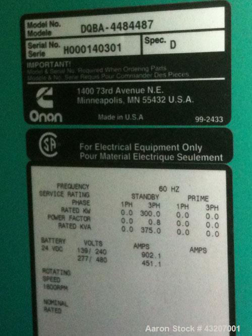 Used Cummins / Onan 300kW diesel generator set. Cummins model DQBA-4484487. Cummins N14-G2 smart power engine rated 535 hp @ 1800 RPM, SN-12017339. 3/60/277-480V, 12-lead reconnectable. PowerCommand ...