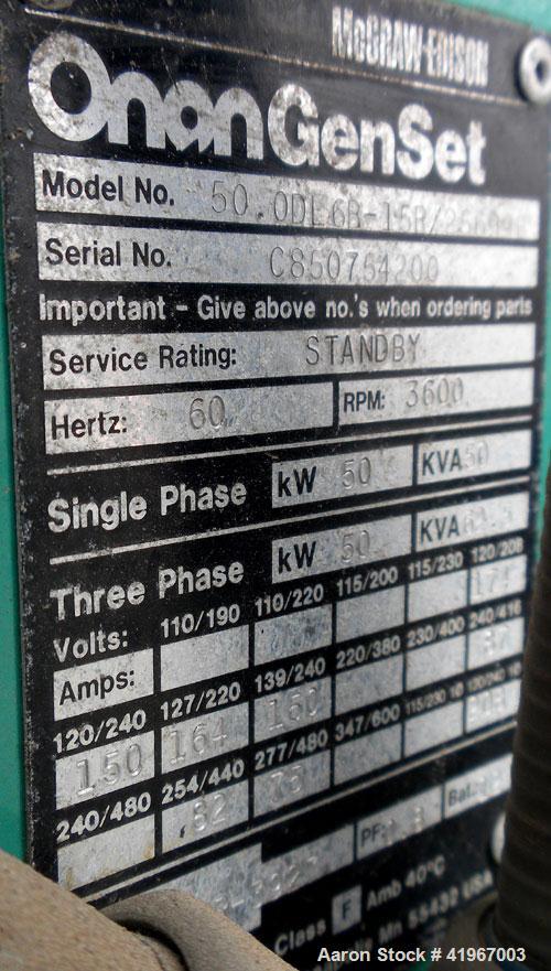 Used Onan 50kW Standby Diesel Generator Set. Model 50.ODL6B-15R26699, Serial# C850754200. 3/60/277/480V also rated 120/240 single phase. 90 Amp main-line circuit breaker. Battery charger. Weather enc...