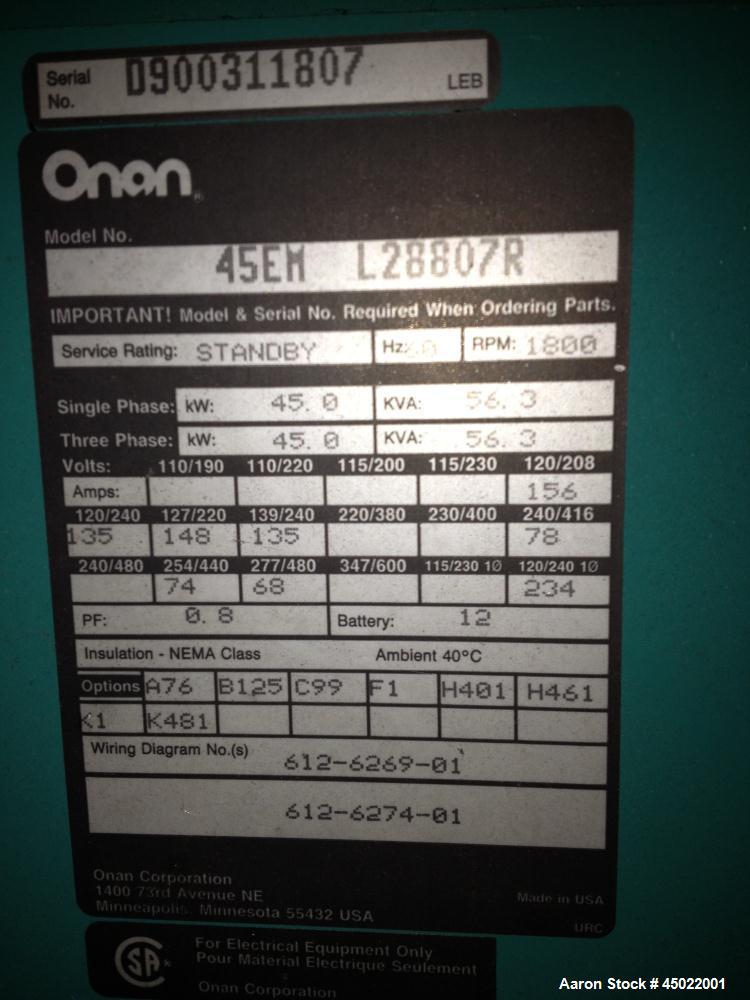 Used Onan Backup Generator, 45 kw, transfer switch 225A, heavy duty Ford 6 cyl engine CSG-6491-6005, in outdoor enclosure, set for propane, manufactured 1990.