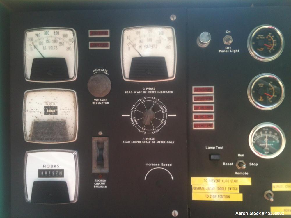 Used Onan 75 Diesel Generator Set. Model 75.ODYC-15R/27462K, 60Hz, 1800 RPM. Single Phase 50 KW and 62.5 KVA, Three Phase 75 KW and 93.8 KVA. 797 hours.