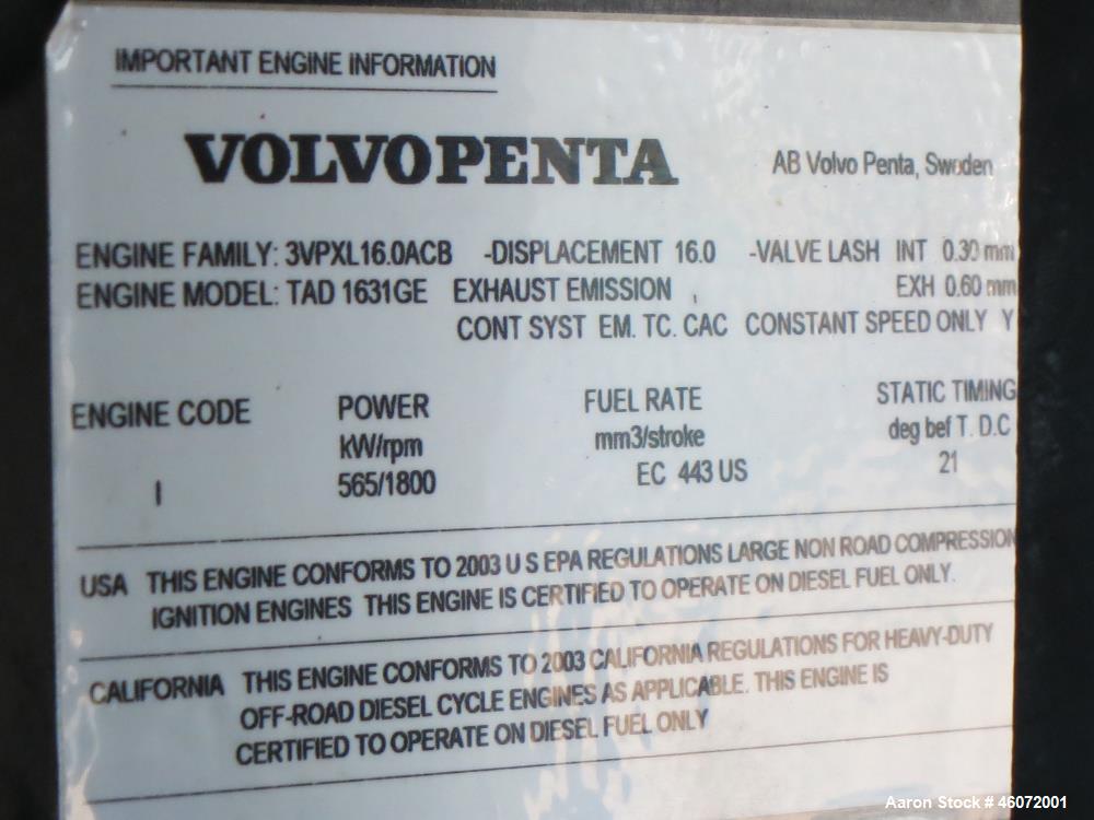 Used- SDMO / Volvo 500 kW diesel generator. Volvo TAD163IGE engine.