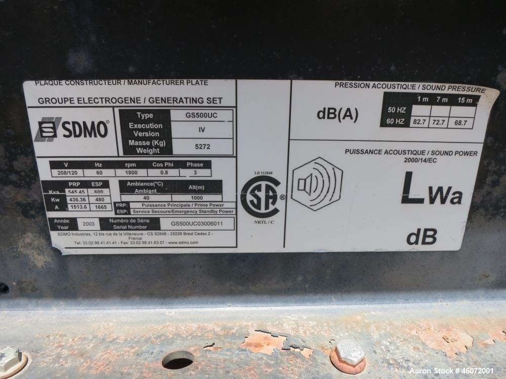 Used SDMO / Volvo 500 kW diesel generator. Volvo TAD163IGE engine.