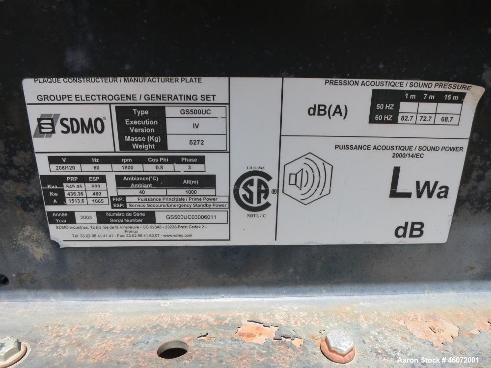 Used- SDMO / Volvo 500 kW diesel generator. Volvo TAD163IGE engine.