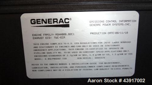 Used Siemens 150 kW Natural Gas Generator, Model T15068KNSY, SN-6065578. 3//60/277/480V. Generac WSG1068 engine 2010 EPA certified. 250 Amp main-line circuit breaker. Sound attenuated enclosure. 10 h...