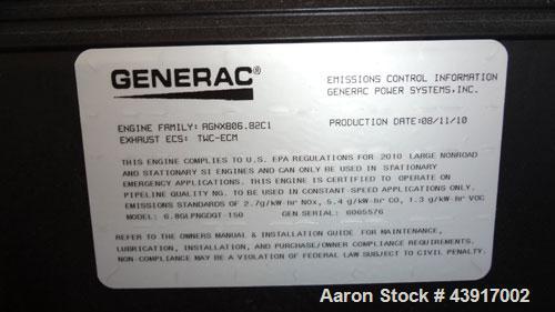 Used- Siemens 150 kW Natural Gas Generator, Model T15068KNSY, SN-6065578. 3//60/277/480V. Generac WSG1068 engine 2010 EPA ce...