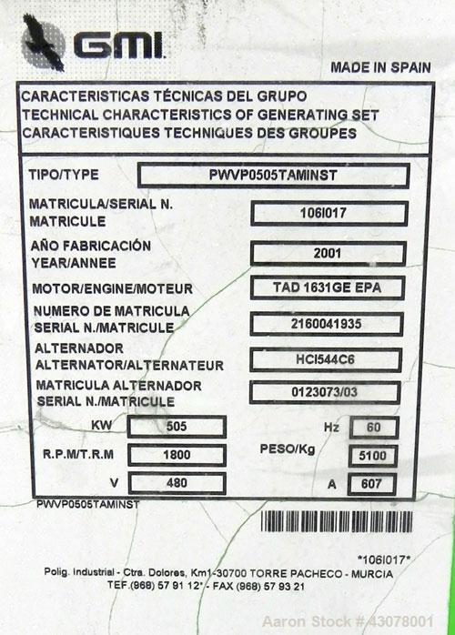 Used Volvo 515 kW Diesel Generator Set, serial #0123073/03. Volvo Penta model TAD 1631 GE diesel engine rated 750 hp @ 1800 rpm, serial #2 160 041935. Stamford 3/60/480V, 800 amp mainline circuit bre...