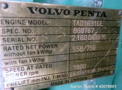 Used Volvo 515 kW Diesel Generator Set, serial #0123073/03. Volvo Penta model TAD 1631 GE diesel engine rated 750 hp @ 1800 rpm, serial #2 160 041935. Stamford 3/60/480V, 800 amp mainline circuit bre...