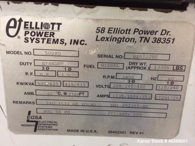 Used Elliott / Volvo 500kW Standby Diesel Generator Set, Volvo TAD1631GE Engine