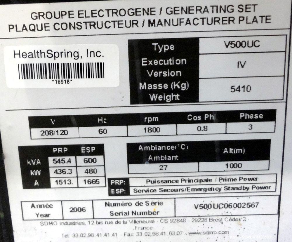 Used Triton Package 480kW Standby (436kW prime) Diesel Generator Set, Model V500UC, Serial #V500UC06002567. Volvo model TAD1641GE engine serial #V500UC06002567, emissions EPA Tier 2 certified. 3/60/2...