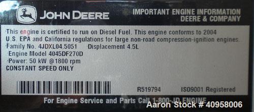 Used Wacker G50 Mobile Diesel Generator Set, 42 kW standby, 38 kW prime. Wacker serial# 5534556. John Deere model 4045DF270D engine, serial# PE40450415845 . Marathon Magnaplus generator end 3/60/208/...