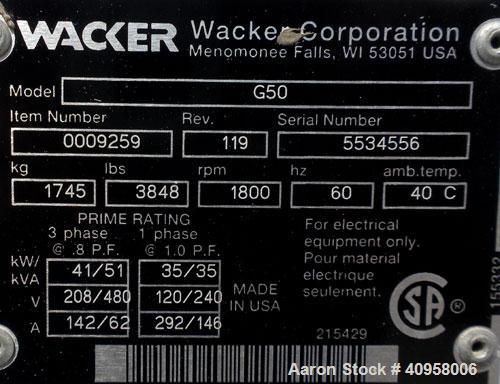 Used Wacker G50 Mobile Diesel Generator Set, 42 kW standby, 38 kW prime. Wacker serial# 5534556. John Deere model 4045DF270D engine, serial# PE40450415845 . Marathon Magnaplus generator end 3/60/208/...