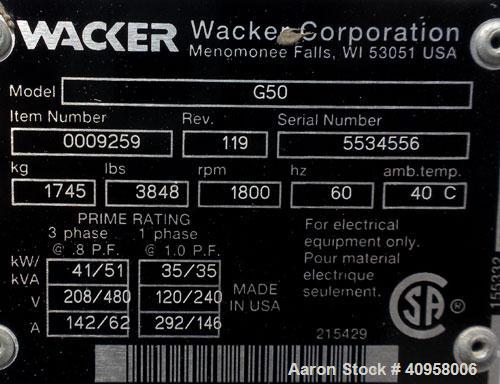 Used- Wacker G50 Mobile Diesel Generator Set, 42 kW standby, 38 kW prime. Wacker serial# 5534556. John Deere model 4045DF270...