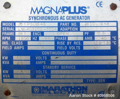 Used Wacker G50 Mobile Diesel Generator Set, 42 kW standby, 38 kW prime. Wacker serial# 5534556. John Deere model 4045DF270D engine, serial# PE40450415845 . Marathon Magnaplus generator end 3/60/208/...