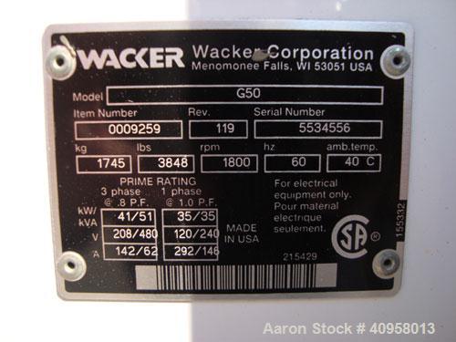 Used Wacker G50 Mobile Diesel Generator Set, 42 kW standby, 38 kW prime. John Deere model 4045DF270D engine, serial #PE40450415845. Marathon Magnaplus generator end 3/60/208/240/460/480V also rated 1...