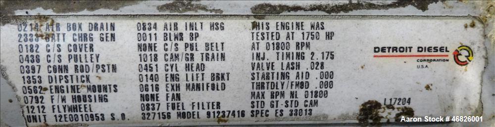 Used Waukesha 1122 kW Diesel Generator Skid. No radiator, no switchgear, Model L5792DSU, SN-C-93633/1. 3/60/13800V. 1200 RPM. Approximately 1200 hrs. Year 1995.