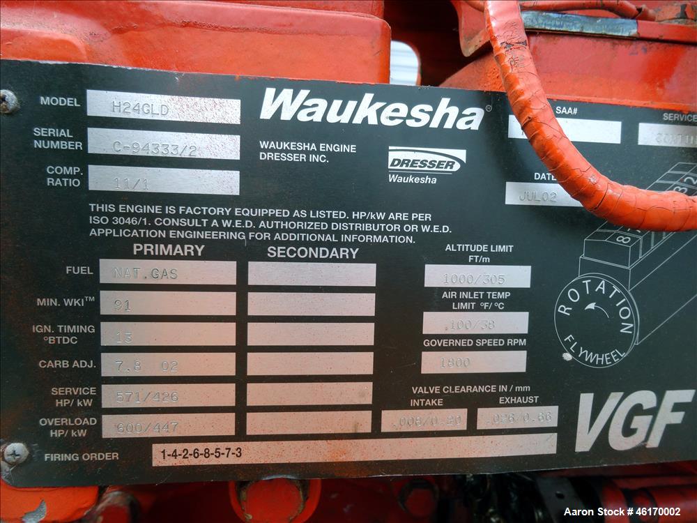 Used Waukesha 406 kW continuous rated natural gas generator set, model VGF24GLD