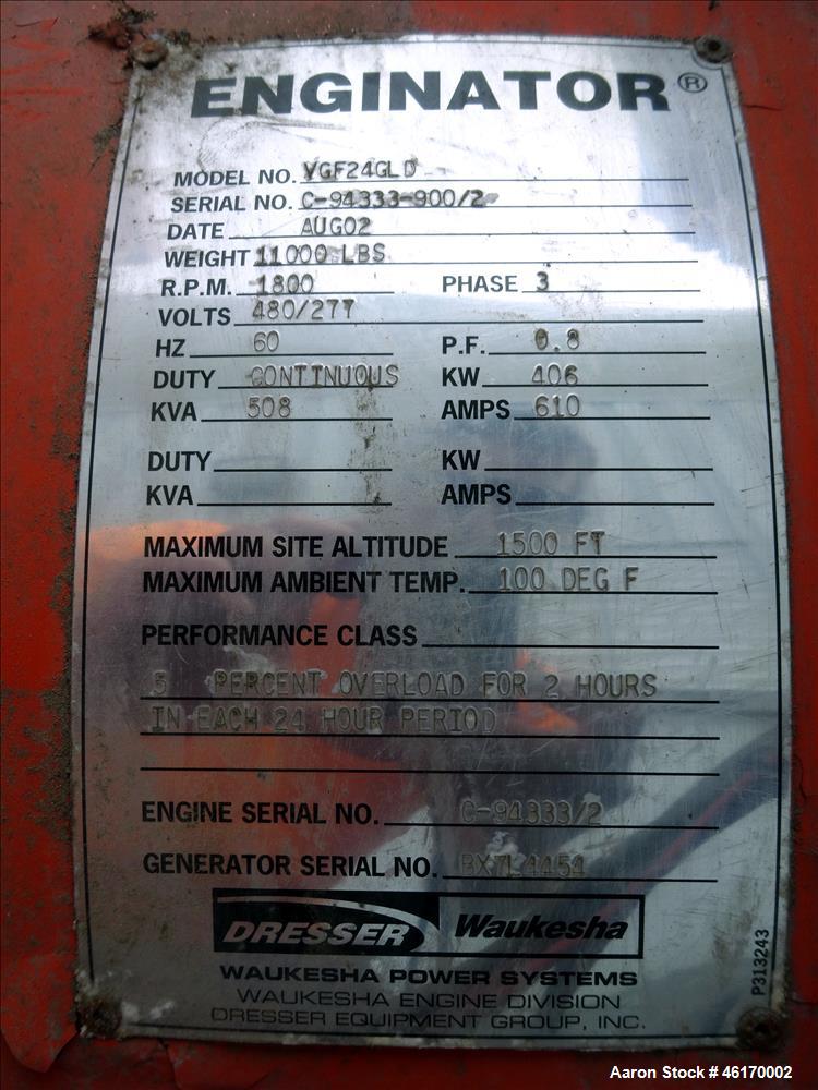 Used Waukesha 406 kW continuous rated natural gas generator set, model VGF24GLD