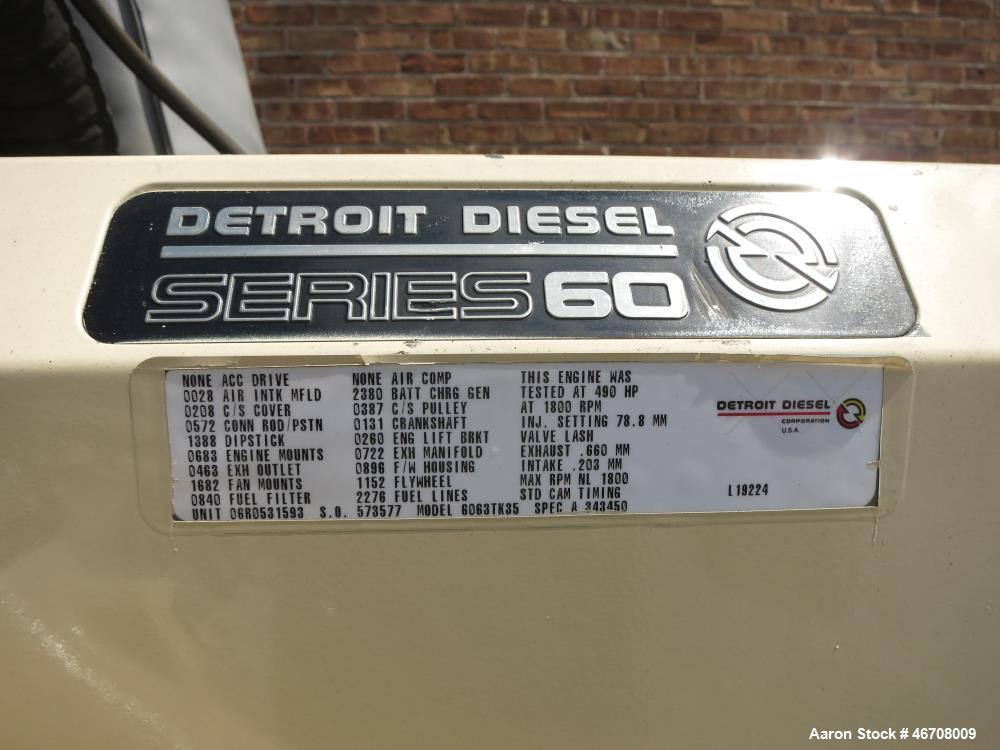Used Detroit Diesel Model S60 engine rated 550 HP at 1800 RPM, SN-06R0531593. (From Kohler 300 kW generator set.) Includes base skid and flywheel thru radiator. Note: generator end housing and contro...