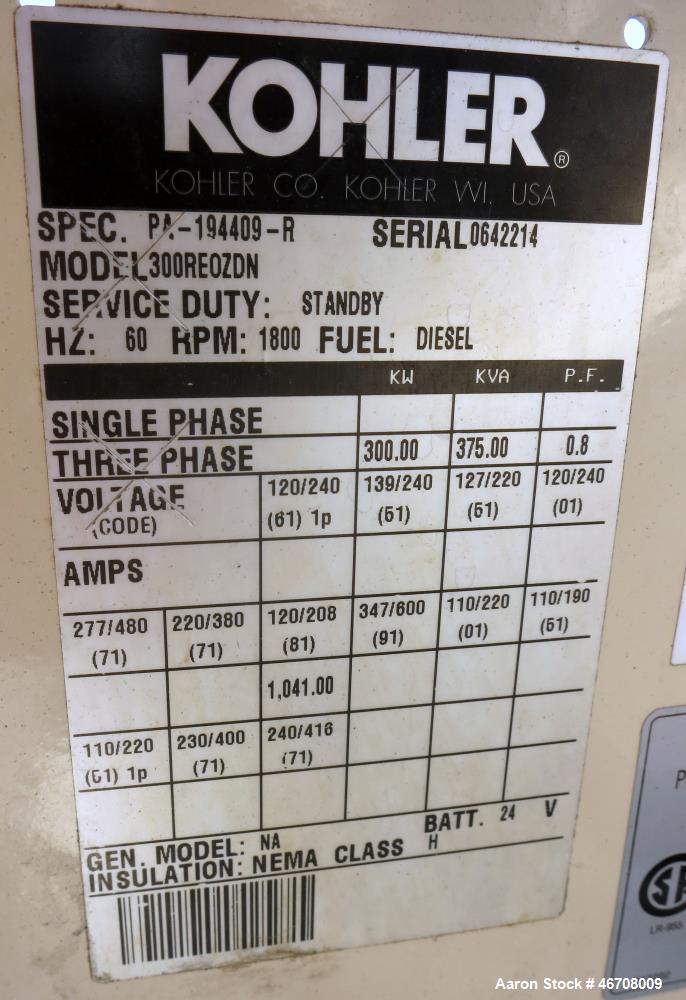 Used Detroit Diesel Model S60 engine rated 550 HP at 1800 RPM, SN-06R0531593. (From Kohler 300 kW generator set.) Includes base skid and flywheel thru radiator. Note: generator end housing and contro...