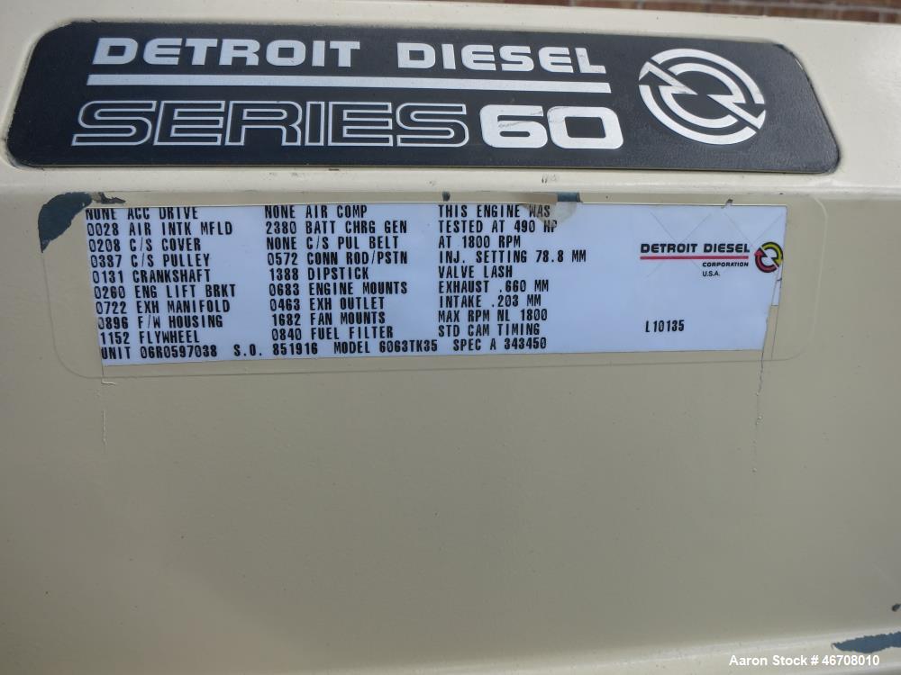 Used Detroit Diesel Model S60 engine rated 550 HP at 1800 RPM, SN-06R0597038.  (From Kohler 300 kW generator set)  Includes base skid and flywheel thru radiator.  Note: generator end housing and cont...