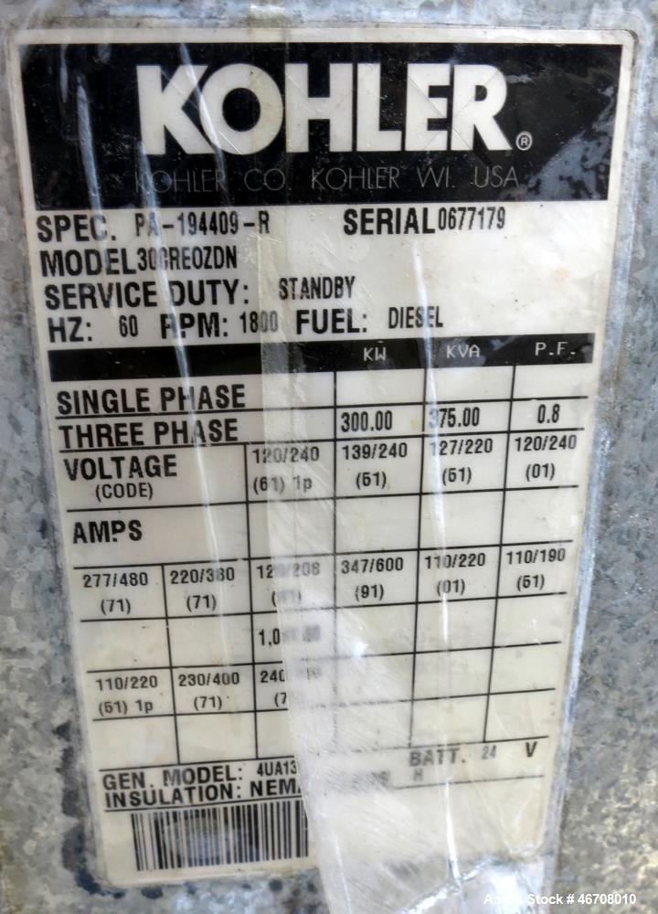 Used Detroit Diesel Model S60 engine rated 550 HP at 1800 RPM, SN-06R0597038.  (From Kohler 300 kW generator set)  Includes base skid and flywheel thru radiator.  Note: generator end housing and cont...