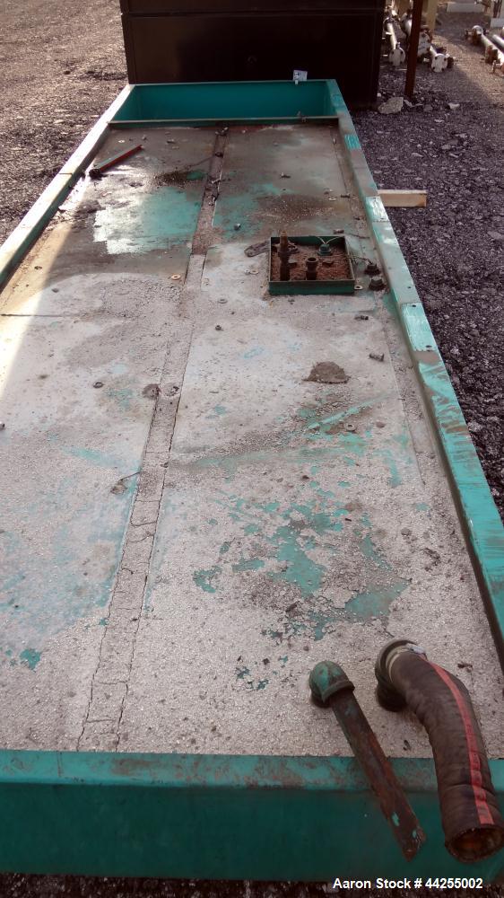Used Generator Sub-base Fuel Tank, Approximate 600 Gallon, Carbon Steel. Tank approximate 56" wide x 166" long x 16" tall. No manufactures tag. Overall dimensions 206" long x 70" wide x 20" tall.