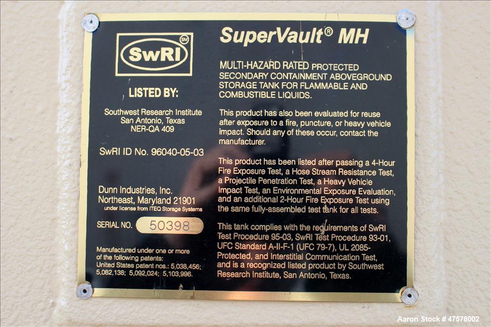 Used Dunn Industries SuperVault MH Multi-Hazard Rated Aboveground Fuel Storage Tank, 2000 Gallon, Carbon Steel, Horizontal. Tank approximate 96" wide x 132" long x 60" tall. Tank complies with the re...