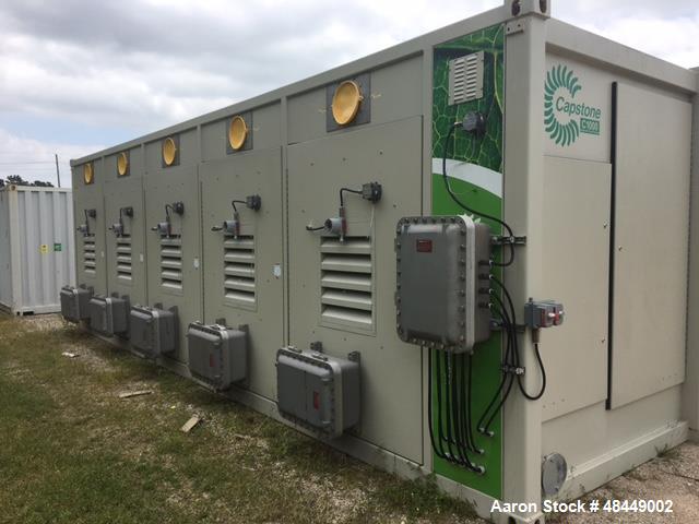 Used Capstone Micro Turbine with Bullet Proof Enclosure, Model C1000, 1,000 kW. Electrical efficiency LHV: 33%. Combined heat and power efficiency: ip to 90%. Voltage: 400-480 VAC. Frequency: 50/60 H...